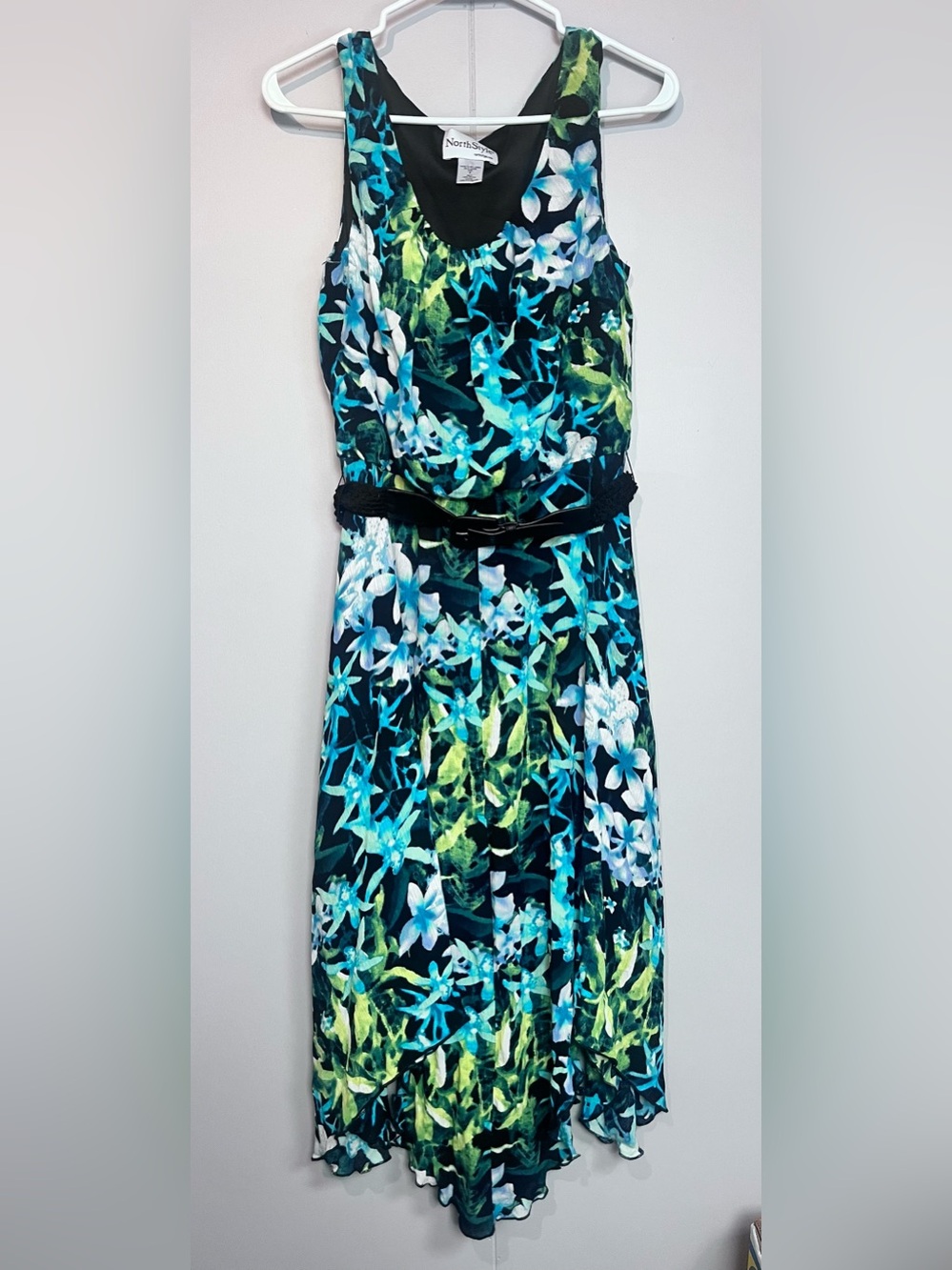 NorthStyle Blue Green Floral Maxi Dress w/ Belt Size 6
